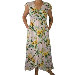 BOG Collective Floral Cap Sleeve Lined Faux Wrap Midi Dress Size Small Pink